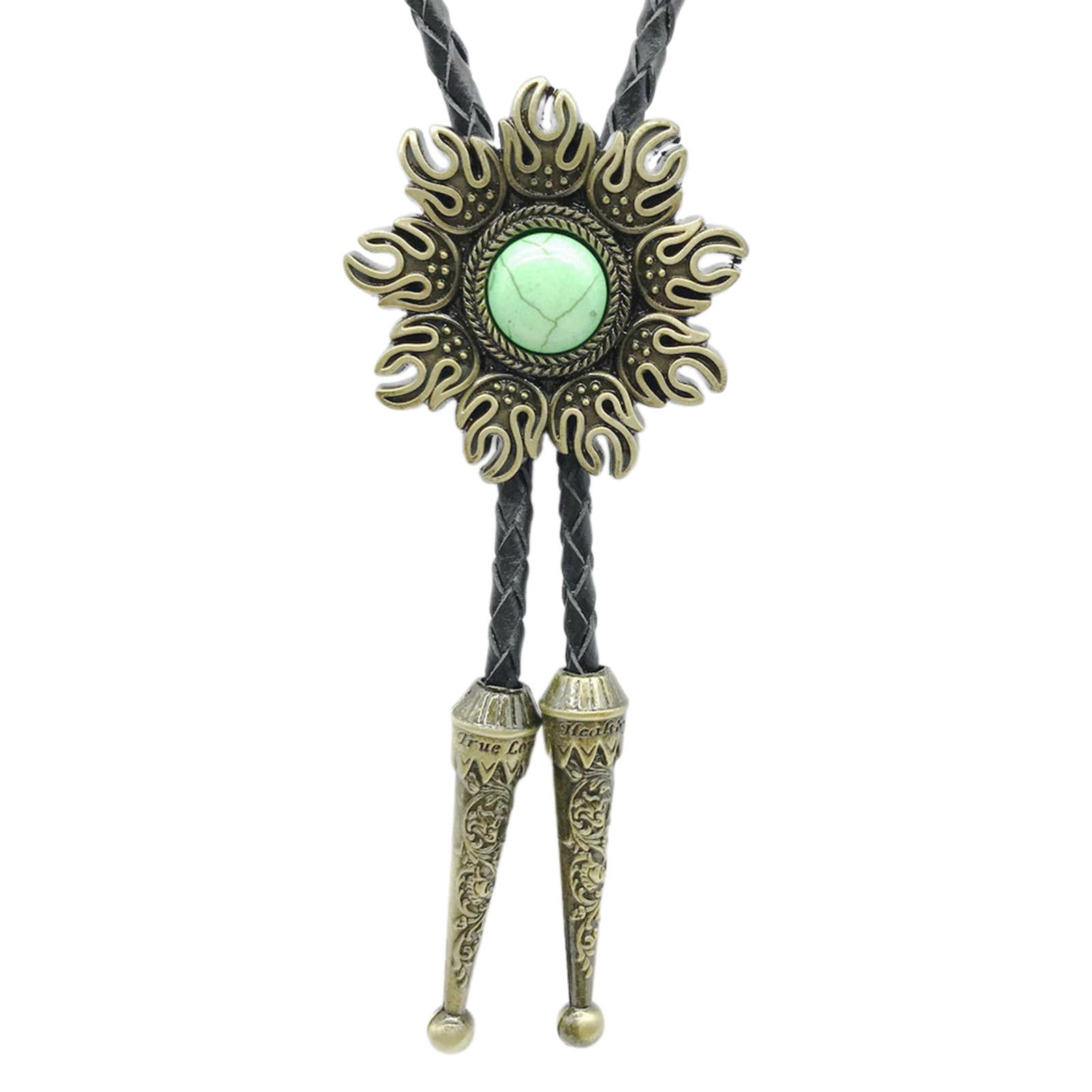 

Mens American Bolo Tie Western Sun Shape Stone Cowboy Pendant Shirt Chain Collar Necktie Leather Rope Jewelry Necklace зелёный