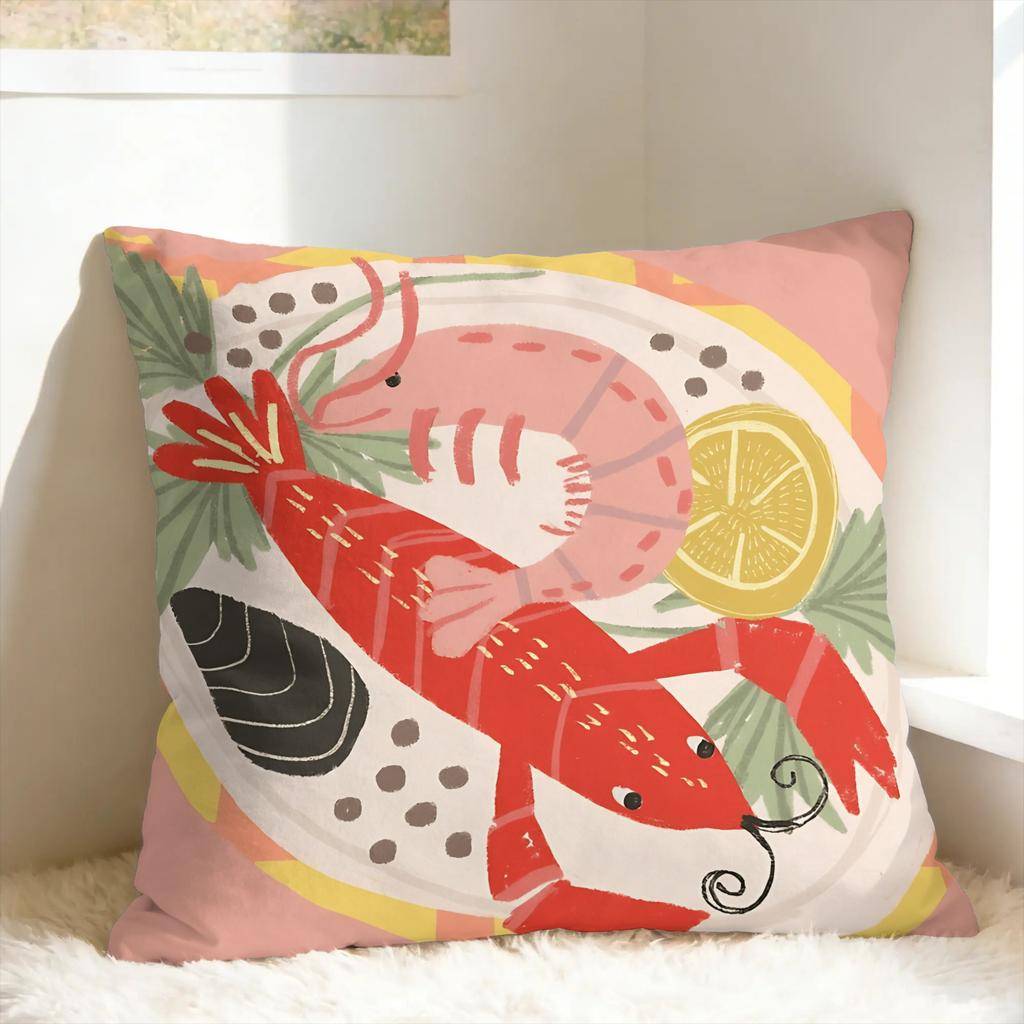 Flat Coastal Seafood Themed Pillow Cover Custom Cushion Cover Retro Trendy Pillow Case For Sofa Home Decor