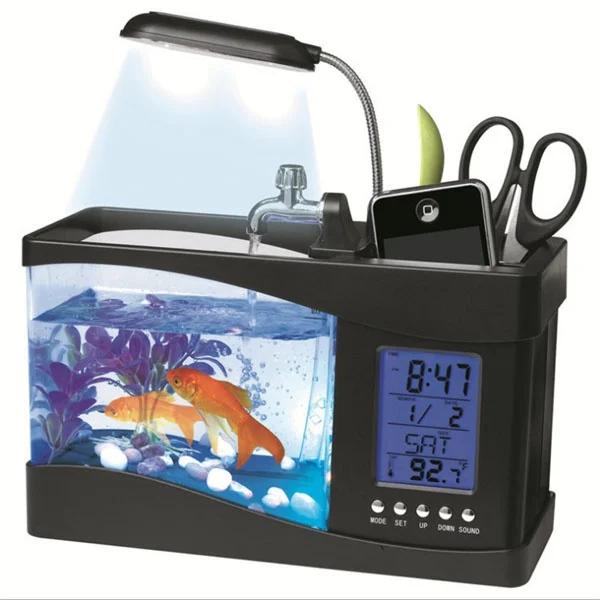 Office Decoration Fish Tank Clock Night Light Usb Mini Goldfish Bowl Table Lamp Small Multifunctional Ecological Aquarium