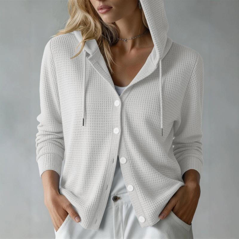 Cappotto Cardigan da Donna con Cappuccio, Manica Lunga, a Maglia Waffle