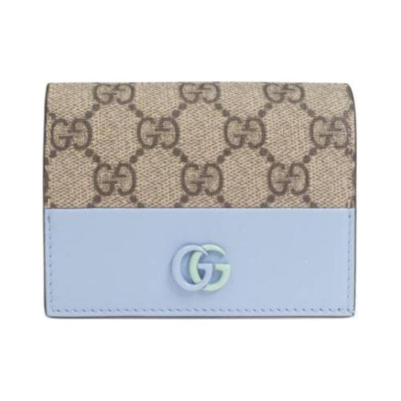 Gucci GG Marmont Series, Brand Logo Snap Closure, Canvas and Leather Wallet, Women's Beige, Blue and Mint Green
