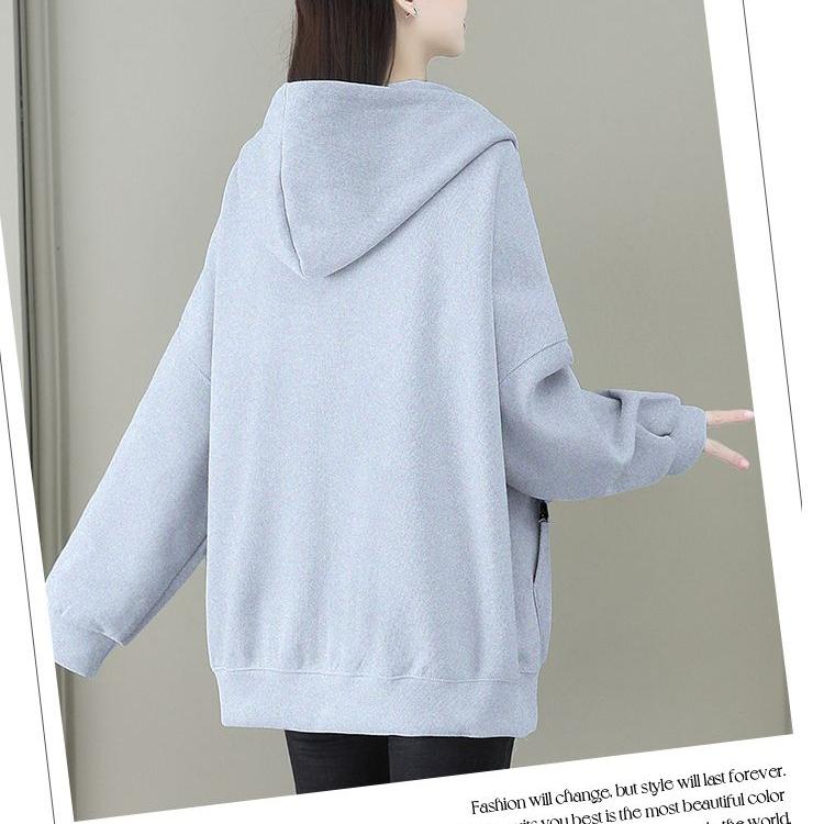 Løs genser med hette med glidelås Dame løs cardigan Plus Size frakk