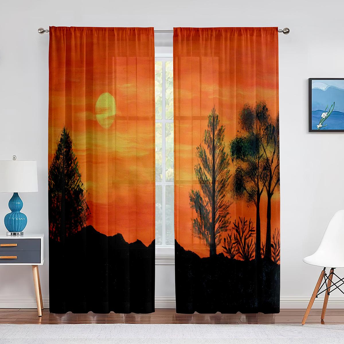 

Фэнтезийный пейзаж, шифоновые прозрачные шторы, дом у горы и реки, вуаль, тюлевая занавеска для гостиной, украшение дома 1 PCS W100XH250cm&Rod Pocket