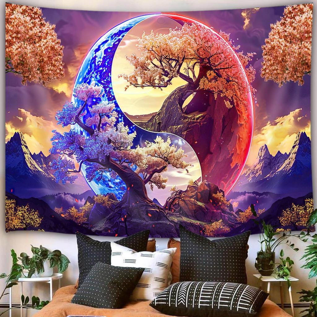 Yin Yang Tree Tapestry Cosmic Balance Art Zen Wall Hanging Meditation Room Decor Spiritual Symbol Mountain Landscape Boho