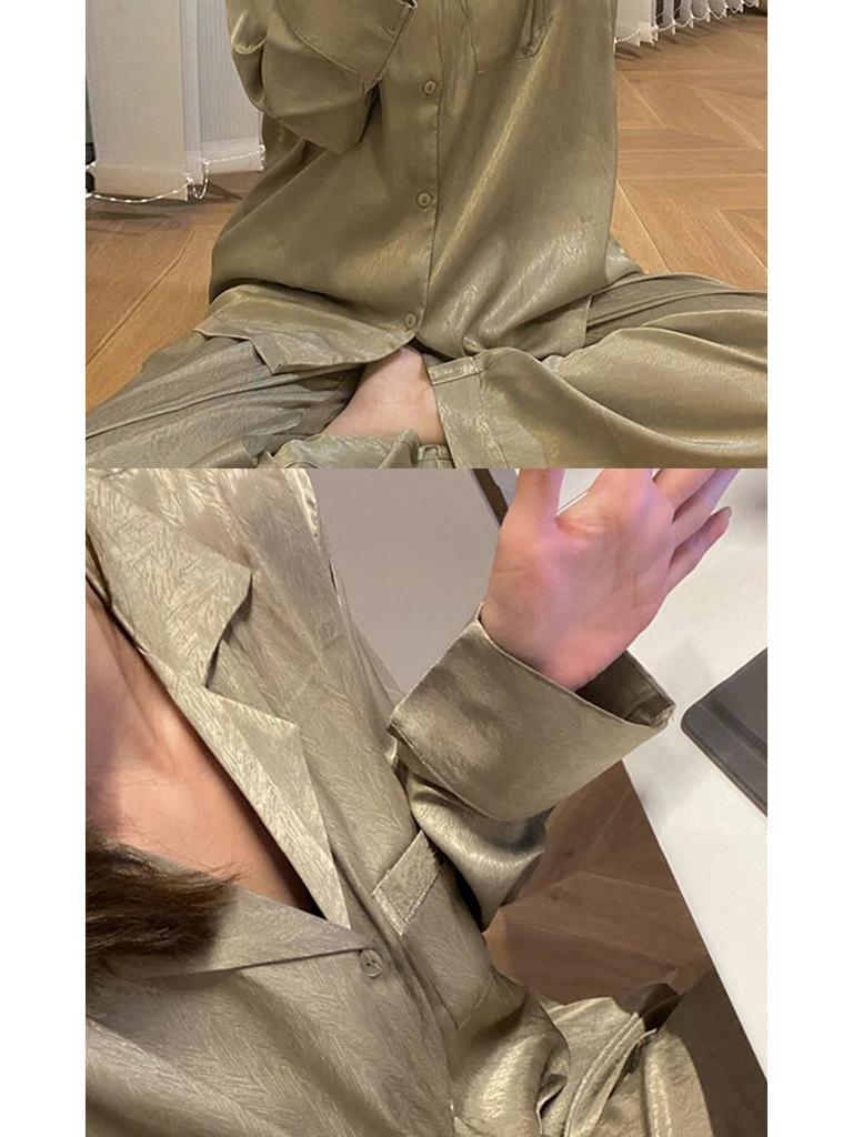 High-end Olive Green Turn-down Collar Cardigan Pajama Set for Women - Autumn Temperament, Long-sleeved Homewear.