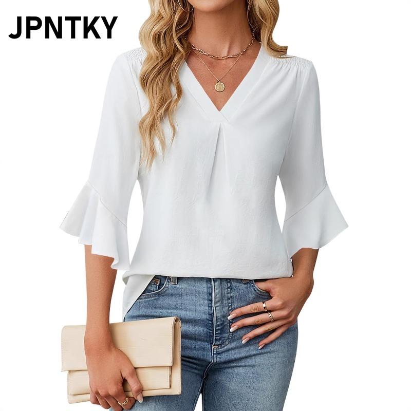 JPNTKY Women's Fashion Casual Solid Color Print V-Neck 3/4 Sleeves Blouses & Shirts