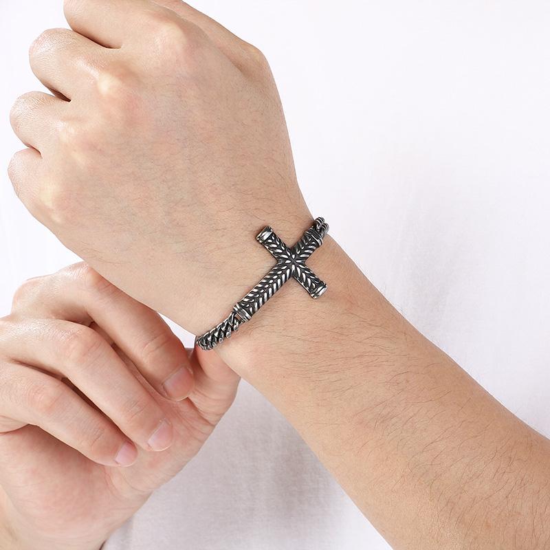 Golden Cross Cuban Link Bracelet for Men Stainless Steel Chain with Adjustable Extender Jewelry Trendy Religious Daily Accessory