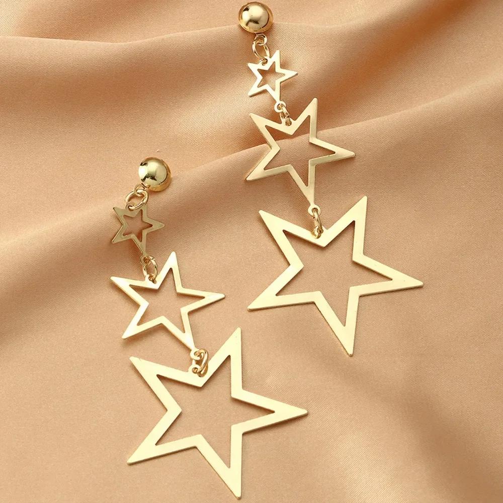 Star Metal Long Drop Earrings Classic Kpop Sweet Double Stars Temperament Girl's Wear Pendants Earrings for Women Jewelry