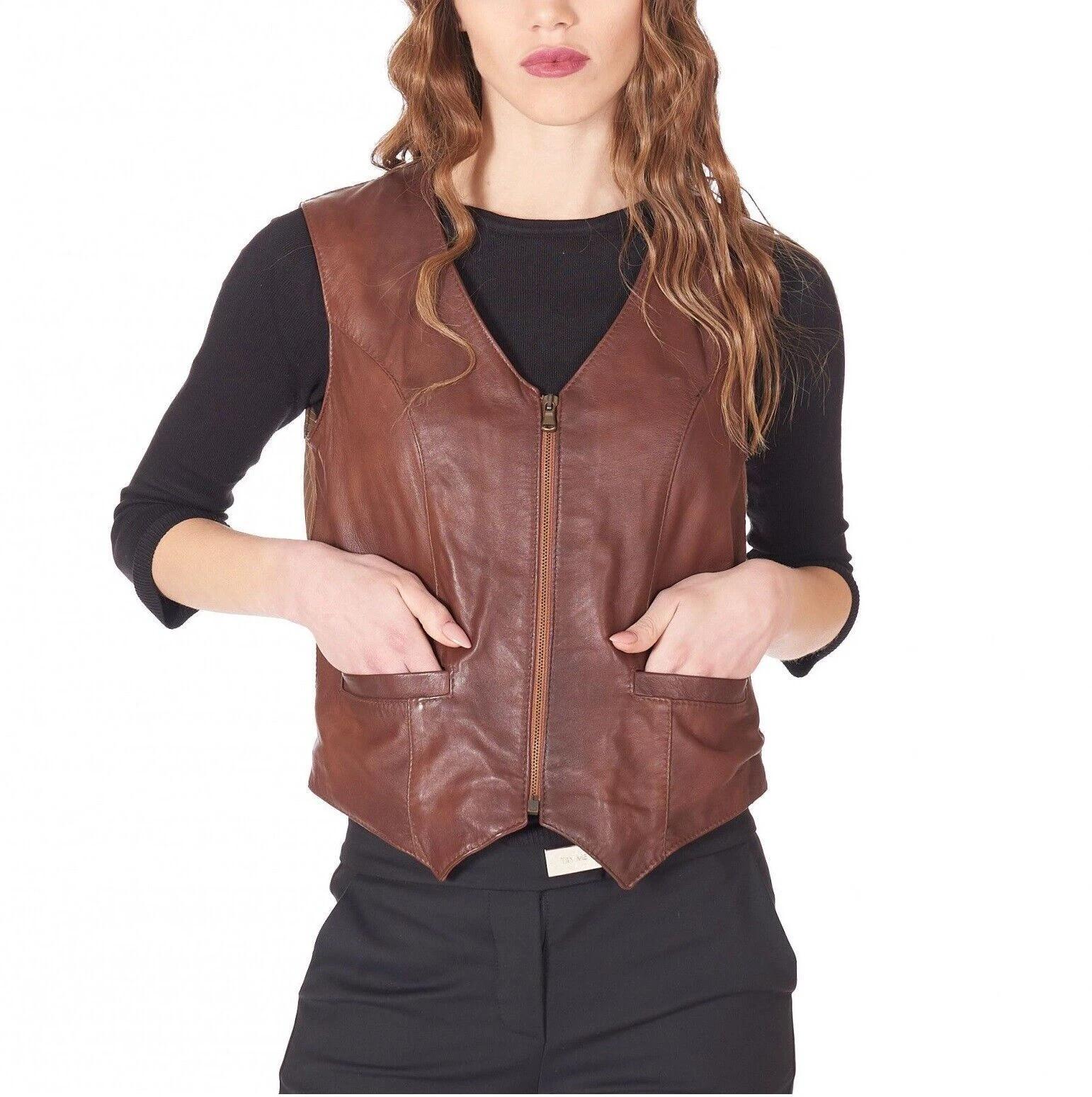 

Waistcoat Western Vest Brown Button Jacket Women Lambskin Leather Coat Classic 3XL