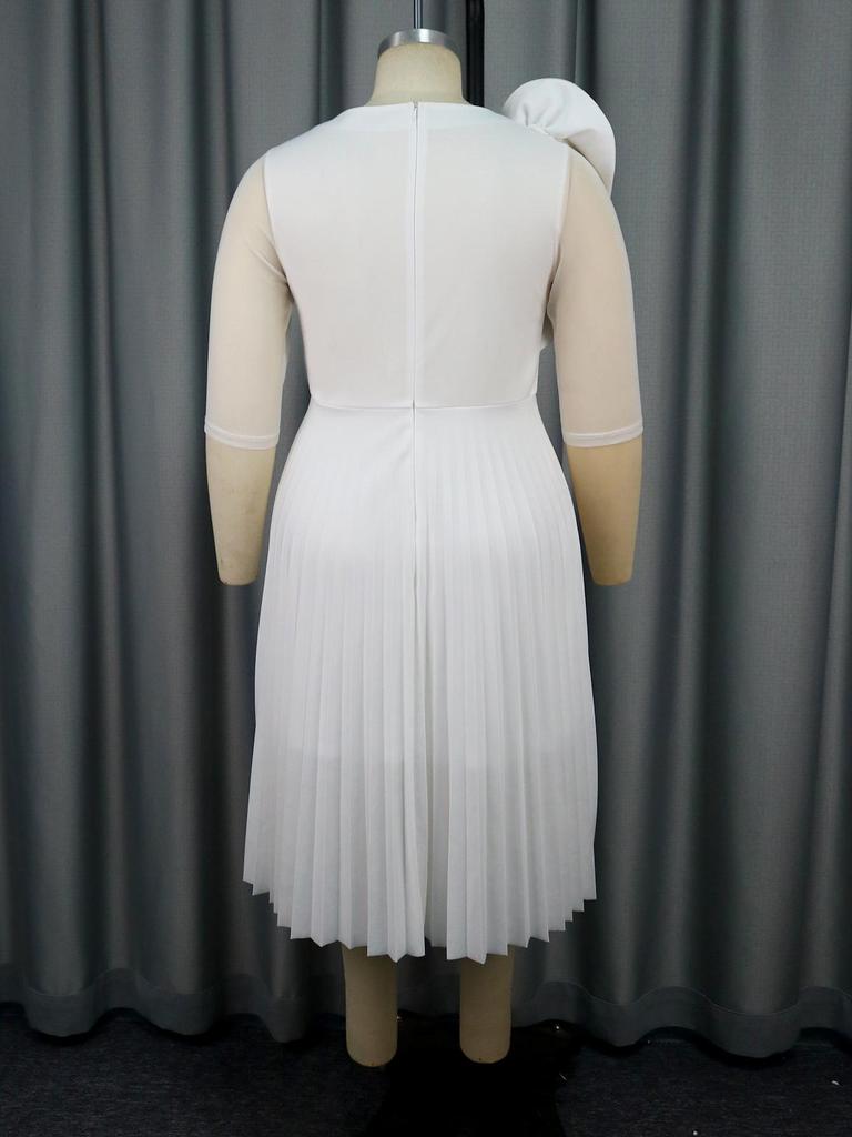 AOMEI White A Line Dresses O Neck Half Sleeve Ruffles Flower Evening Birthday Party Midi Gowns Dress for Women