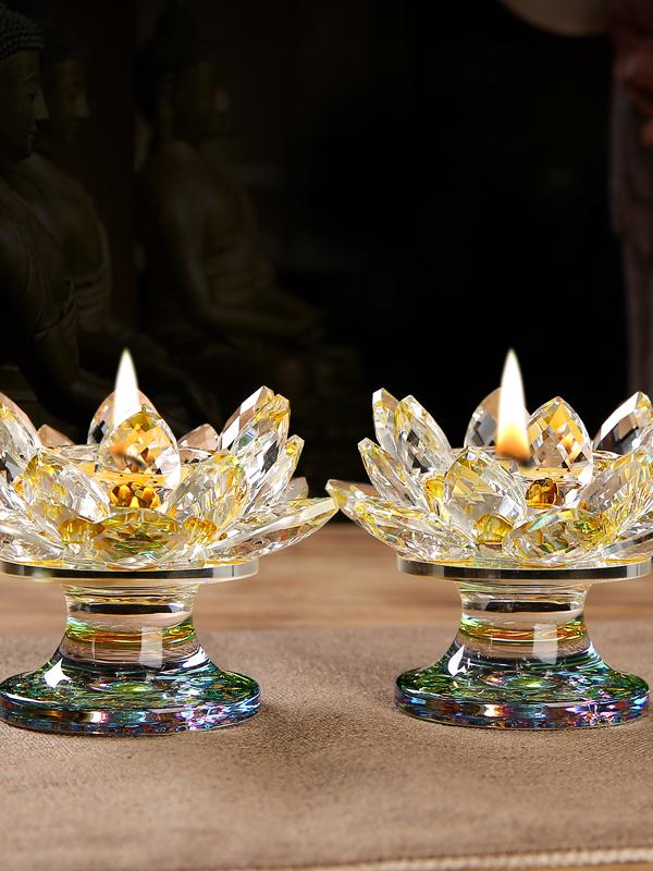 Seven-Color Crystal Lotus Candle Holder for Buddhist Offerings: Eternal Ornament for Home Altar
