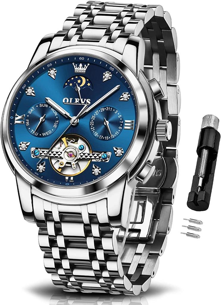 OLEVS Automatic Mechanical Business Watch with Hollow Openwork Luminous Stainless Steel a Great Gift for Men Men's Dial, Design, Waterproof, Band,