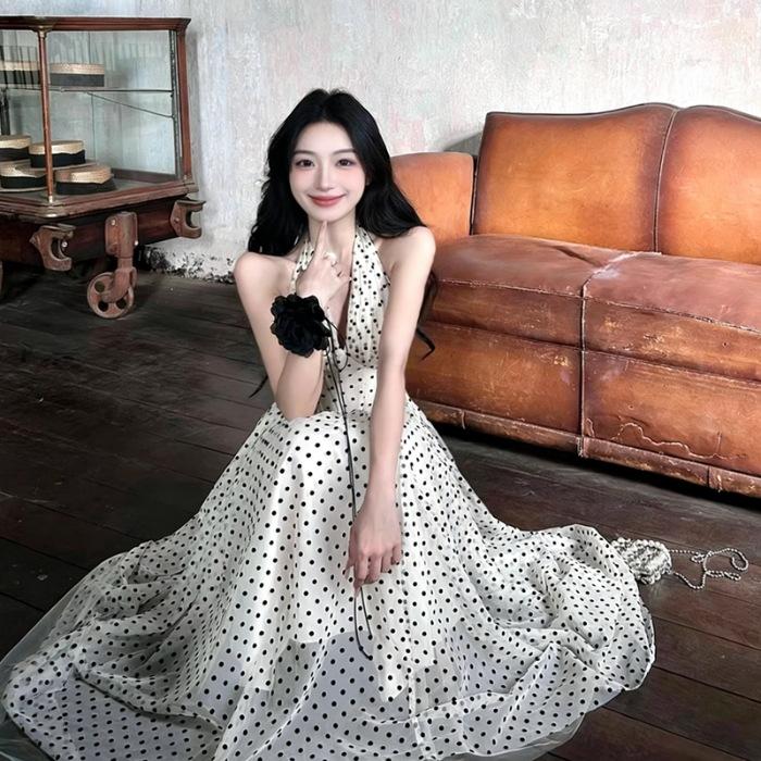 Polka Dot Neck Dress Women's Summer New Fishbone V-neck Long Dress Temperament Waist Pure Desire Wind Long Skirt
