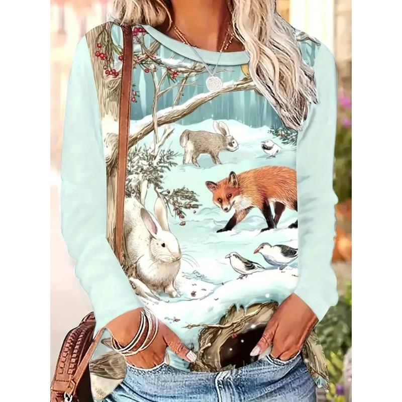 Summer Women's 3D Printed Crew Neck Long Sleeve T-Shirt Fashion Versatile Trend Breathable Casual Vacation