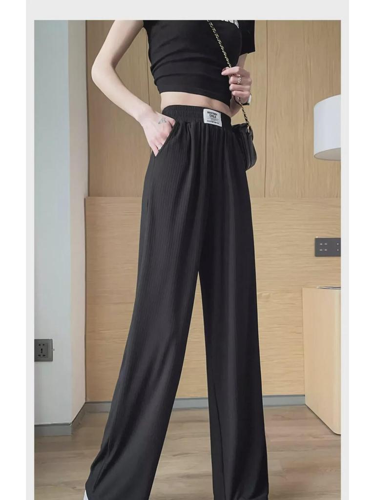 Women's Ice Silk Pleated Wide-Leg Pants with Pockets, Slim Fit, Spring Collection