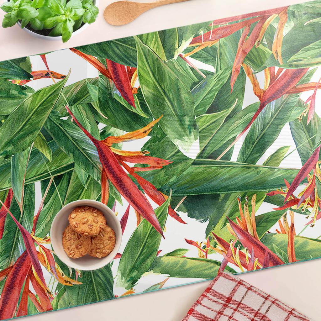 Glass Kitchen Serving Board with Graphic Floral Pattern 80x52 cm