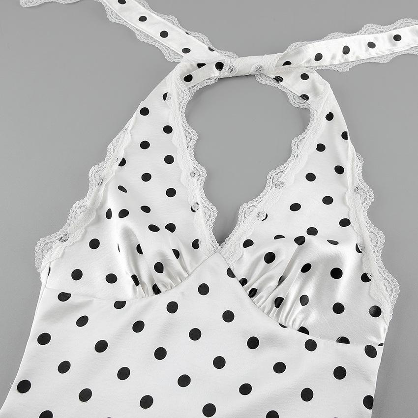 Holiday style European and American lace splicing polka dot neck strap dress women's design sense slim fit sexy sleeveless backless