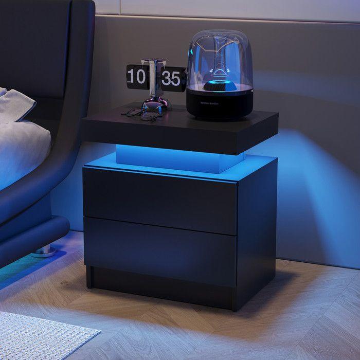 LED Bedside Table - Modern - Black - 2 Drawers - Storage Space - Adjustable Brightness