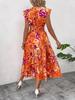 Bedrucktes Midi-Kleid mit Rüschen und V-Ausschnitt für Damen mit kurzen Ärmeln