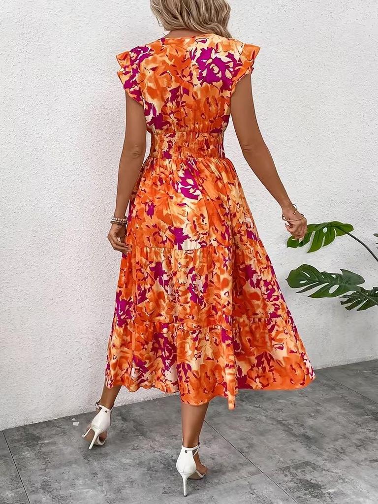 Bedrucktes Midi-Kleid mit Rüschen und V-Ausschnitt für Damen mit kurzen Ärmeln