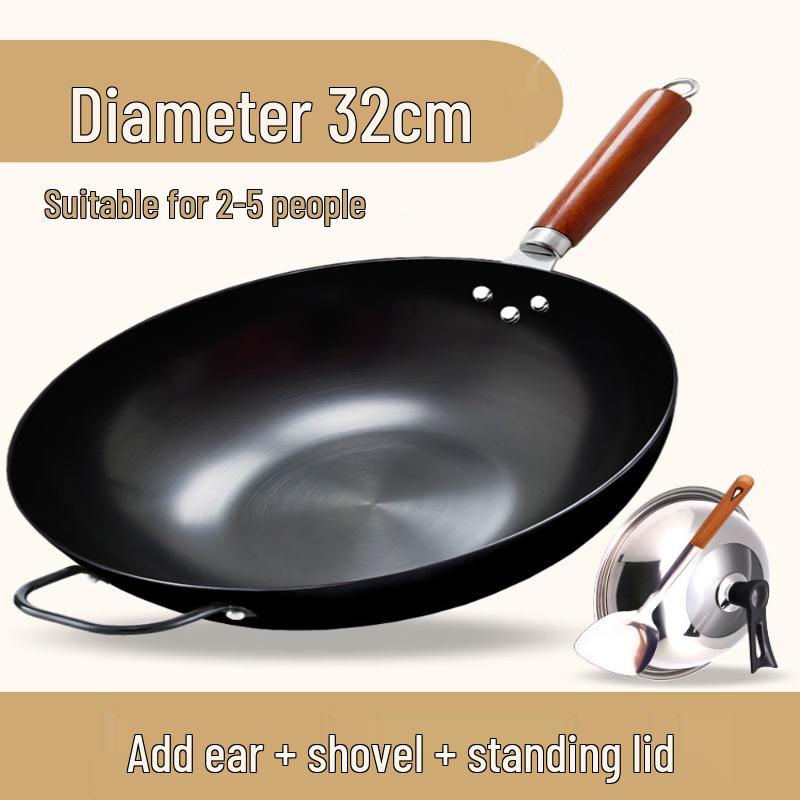 LIEI 32CM Pre-Seasoned Flat-Bottom Iron Wok