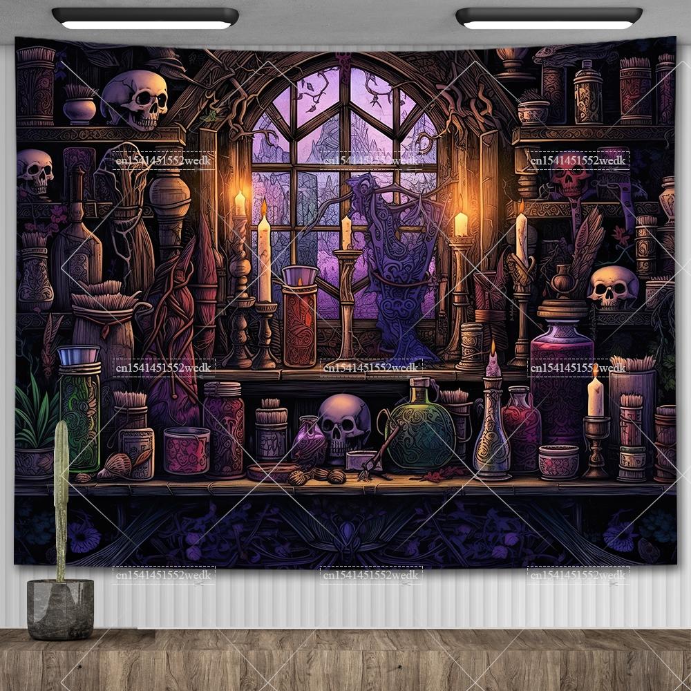 Witch's Library Staircase Tapestry Magic Bookshelf Tapestry Wall Hanging Altar Cloth Aesthetic Room Decor Book Shelves Backdrops
