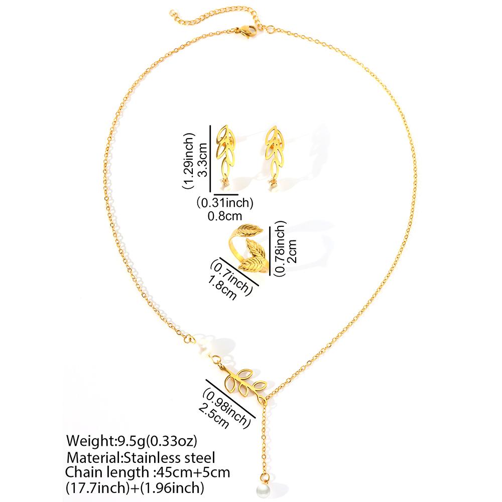 Stainless Steel Zircon Set Leaf Zircon Earrings Zircon Necklace Size Adjustable Leaf Ring Zircon Set For Women Zircon New Style