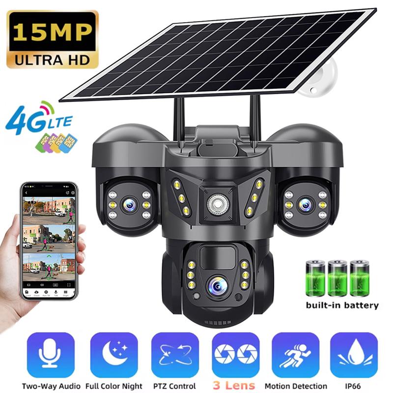 Solarkamera 4G Outdoor Dreifachobjektiv Drei Bildschirme 15MP IP-Kamera mit Solarpanel Eingebaute Batterie PIR Bewegungserkennung CCTV-Kamera