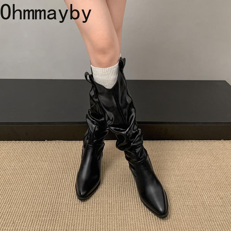 Winter Kuschelig Weiches Leder Plissierte Damen Kniehohe Stiefel Mode Dicke Absätze Partyschuhe Britischer Stil Ritter Lange Stiefeletten Schuhe