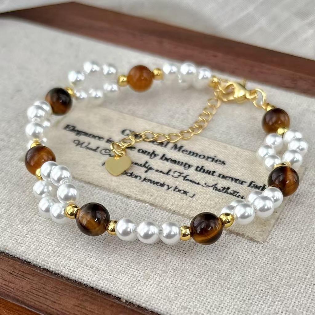 Vintage Artificial Crystal Pearl Natural Tiger'S Eye Stone Bracelet Bracelet.