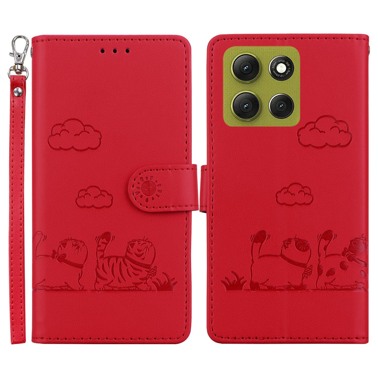 

For Motorola Moto G86 5G Case RFID Blocking Kitten Pattern TPU+PU Leather Phone Cover with Wrist Strap Red
