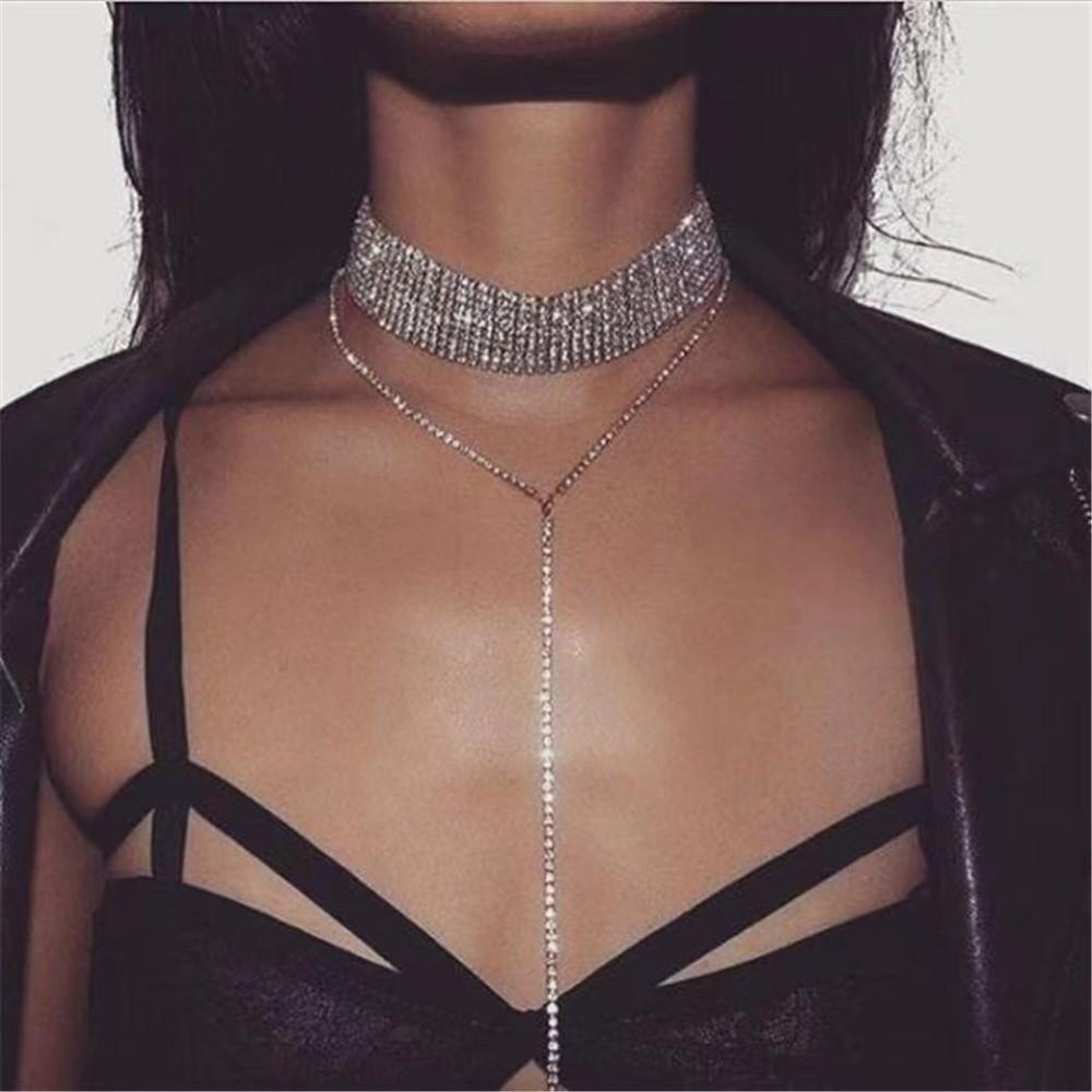 Gold Multi-Layer Necklace Y-shaped Long Choker Cute Rhinestone Necklace  Party