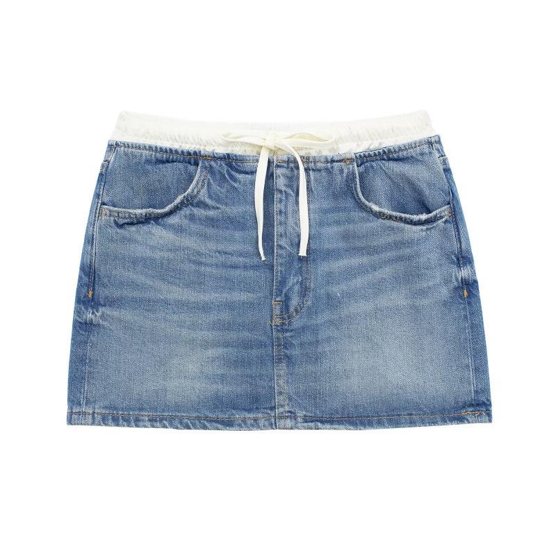 

Spring Women s Street Fashion Spliced Waist Denim Half Skirt - European & American Style S джинсовый синий