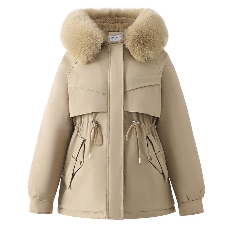 Parker Winter Damen Baumwollmantel Mittellang Großer Wollkragen Fleecegefüttert Baumwollwattiert Jacke Dicke Jacke