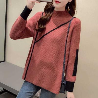 Pulover de damă cu jumătate de gât înalt cu dungi, la modă, toamnă și iarnă, pulover largi, mozaic, mânecă lungă, ocazional, tricot, fund, top