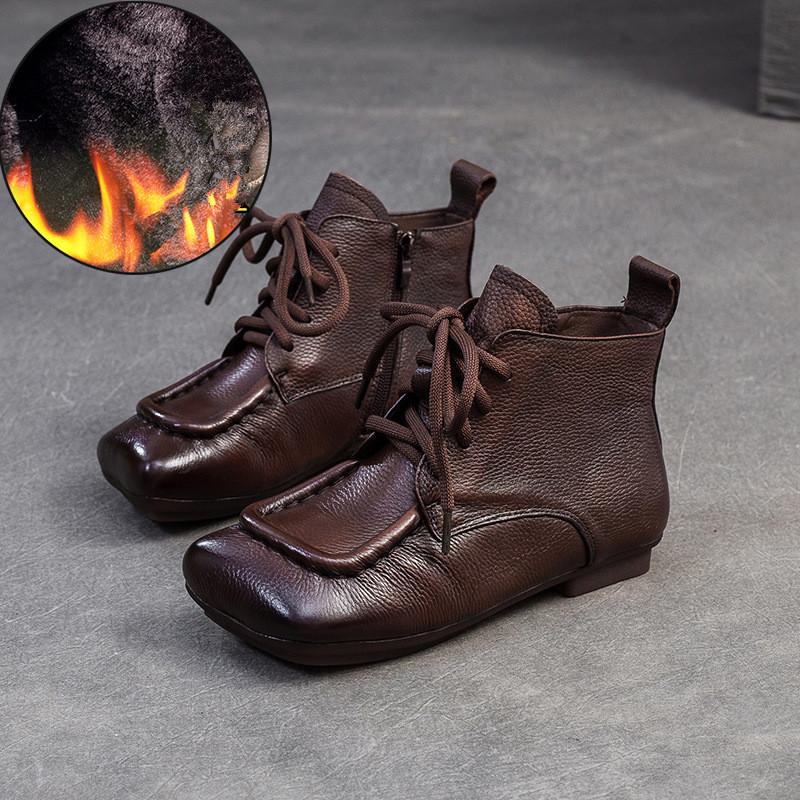 Johnature Kurze Stiefel aus echtem Leder im Retro-Stil mit bequemer, quadratischer Zehenpartie und Schnürung für Damen