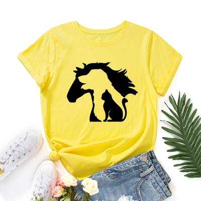 Horse Pattern Cotton T-Shirt Short Sleeve Round Neck Women 2d Print Tops