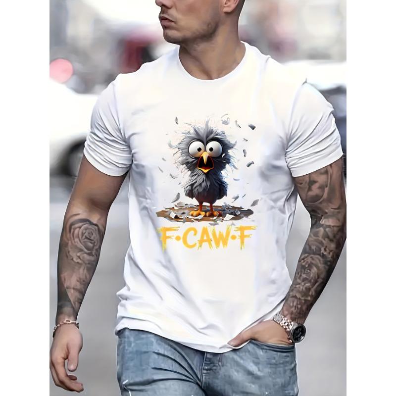 

European sizes F-Caw-F Messy Bird Shocked Face Feather Chaos Cartoon Humor T-Shirt - Crew Neck Short Sleeve Casual Tee with Vibrant Digital Print 4XL білий