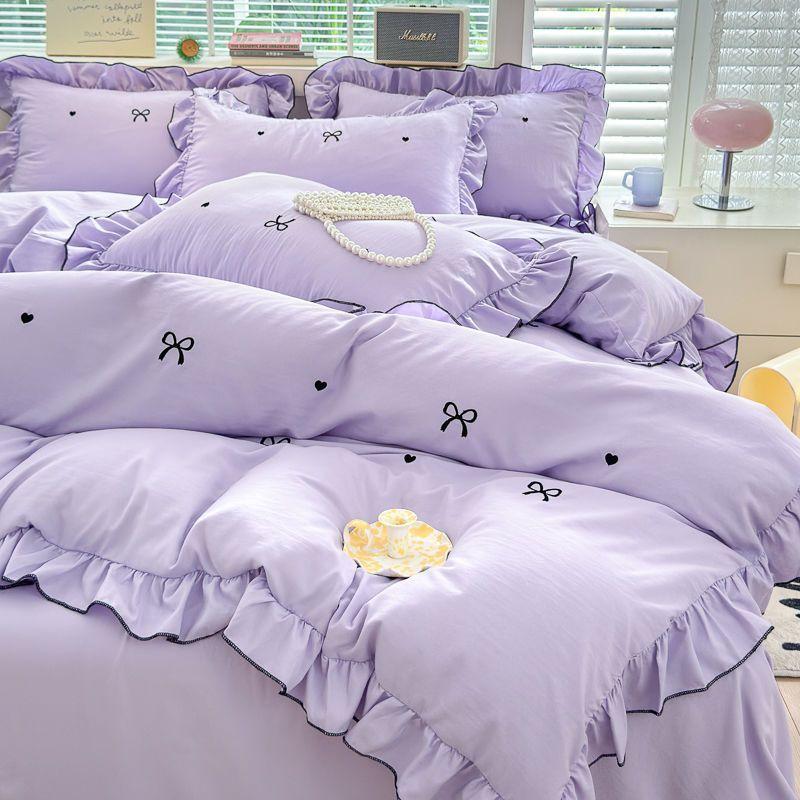 

French Princess Style Lace Four-piece Set Washed Cotton Embroidered Quilt Cover Set Bow Heart Bed Sheet Three-piece Bed Set 150X200cm 3pcs