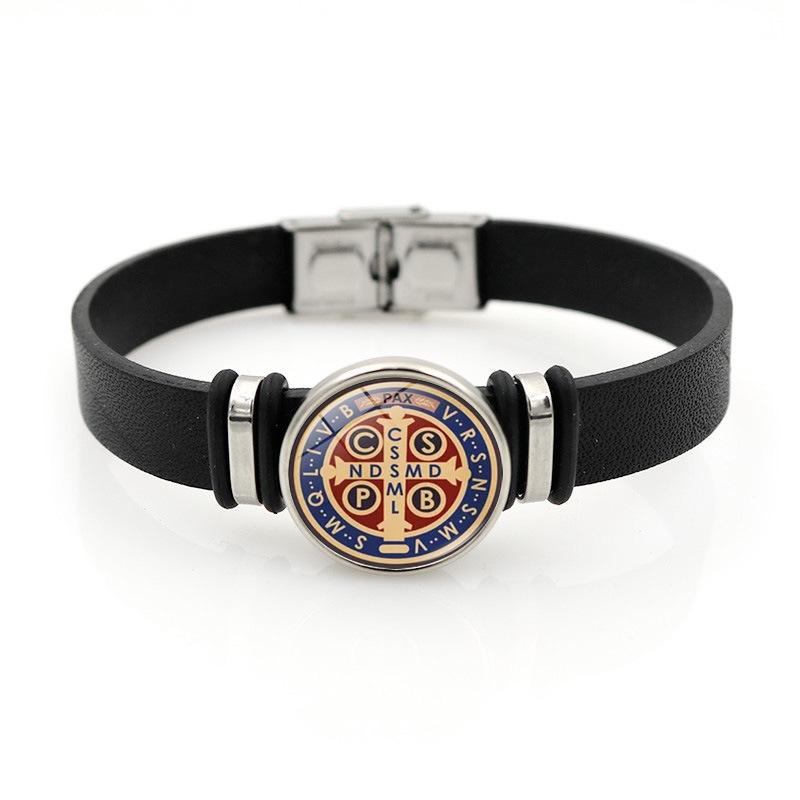 Elegant Saint Benedict Medal Adjustable Bracelet Stylish Black Leather Jewelry Unisex Gift