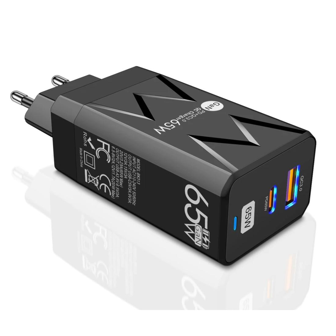 

Быстрое зарядное устройство 65 Вт GaN PD QC3.0 USB Type C для IPhone 16 15 14 13 12 11, зарядное устройство для телефона Xiaomi, быстрая зарядка для iPad и планшета EU Plug чёрный