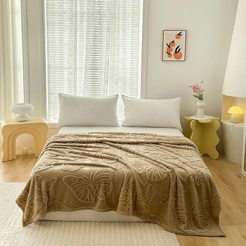 2024 New Solid Color Tafu Fleece Cut Flower Butterfly Blanket Single-layer Double-sided Fleece Fleece Office Cover Blanket