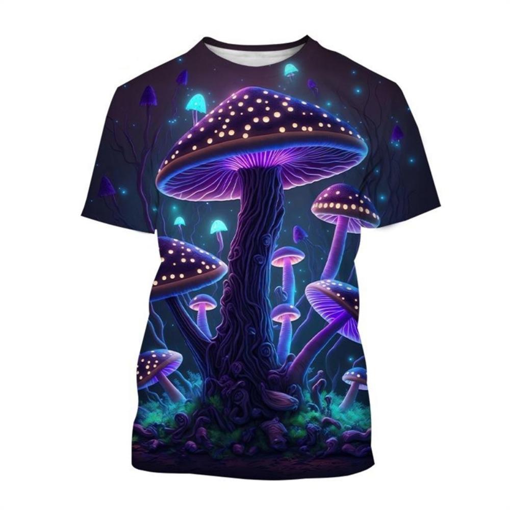 Ανδρικό μπλουζάκι Psychedelic Mushroom 3D Print Forest με στρογγυλή λαιμόκοψη κοντομάνικο φυτά Γραφικό μπλουζάκι μόδας Casual μπλουζάκια unisex