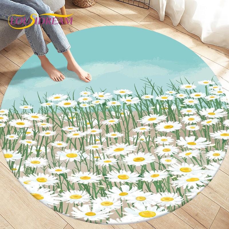 

Nordic Flower Daisy Pattern Area Rug,Round Carpet Rug for Living Room Bedroom Sofa Decoration,Kid Play Game Non-slip Floor Mat 60cm