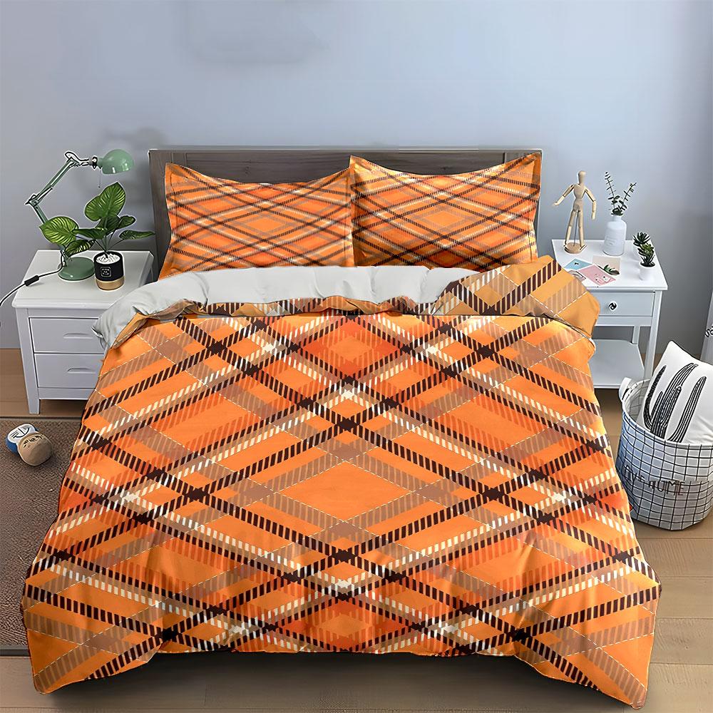 Orange plaid check pattern. Bedding sets Duvet cover sets Duvet covers Pillowcases(1* Duvet Cover 2* Pillowcases without duvet insert)