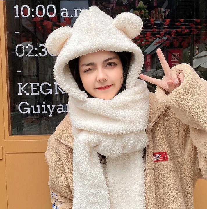 

Плюшевая шапка с медвежьими ушками, шарф и перчатки, мягкий флис, зимние аксессуары, теплый наряд для женщин, для походов в холодную погоду, рождественский подарок белый