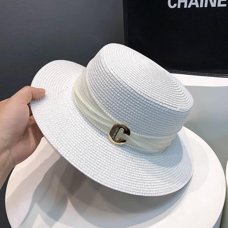 Flat top straw hat women's summer outing seaside sunshade sunscreen sun hat new straw temperament top hat