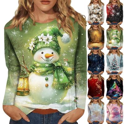 Women T-shirt Designer Round Neck Long Sleeve Loose Casual Christmas Snowman Fun Pattern Print Top