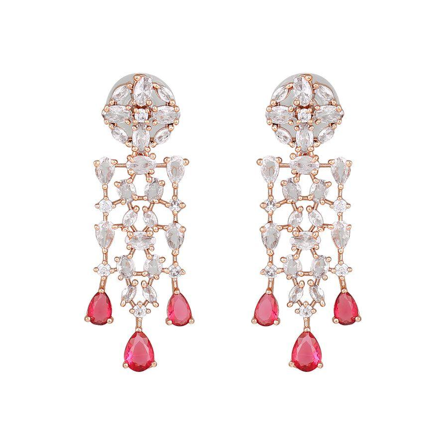 Estele Designer Rose Gold Plated Earrings with Shimmering CZ Studs and Pink Tourmaline Stones for Women