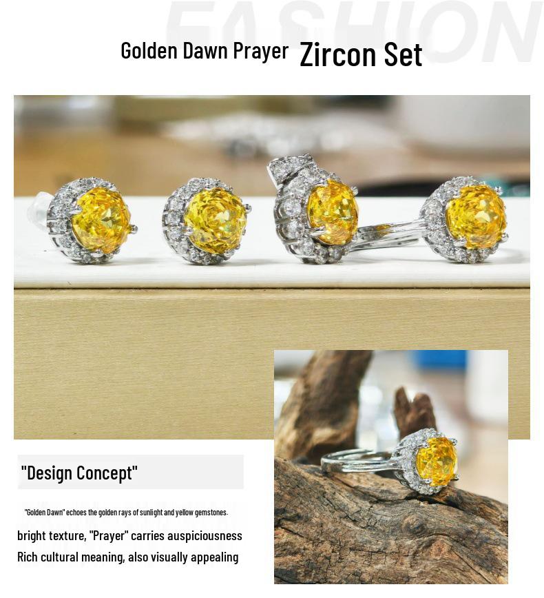 Gusen Exquisite High-Carbon Diamond & Yellow Zircon Ring and Earring Set